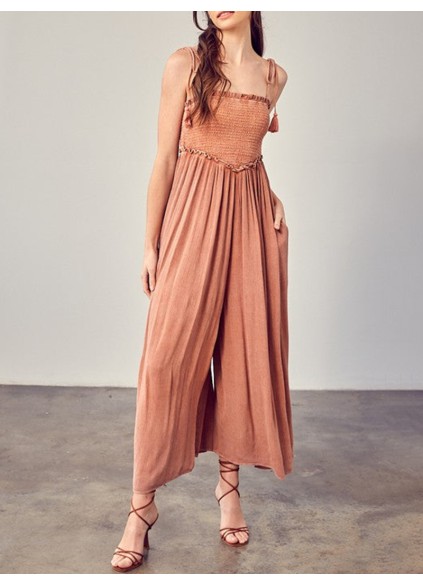 Front Chest V Line Smocked Jumpsuit