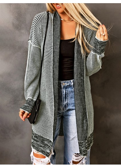 Gray Plaid Knitted Long Open Front Cardigan