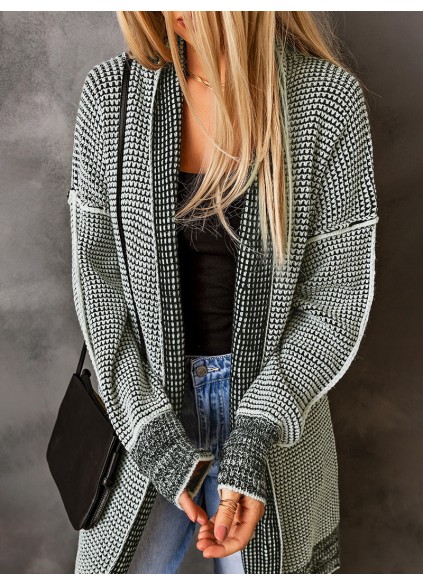 Gray Plaid Knitted Long Open Front Cardigan