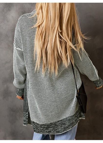 Gray Plaid Knitted Long Open Front Cardigan