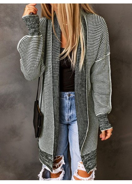 Gray Plaid Knitted Long Open Front Cardigan
