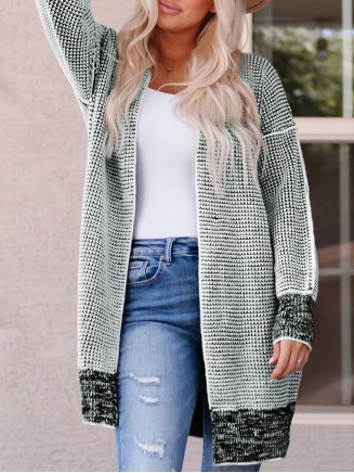 Gray Plaid Knitted Long Open Front Cardigan