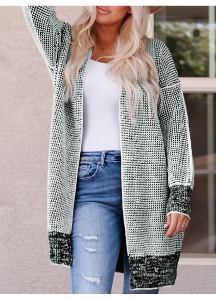 Gray Plaid Knitted Long Open Front Cardigan