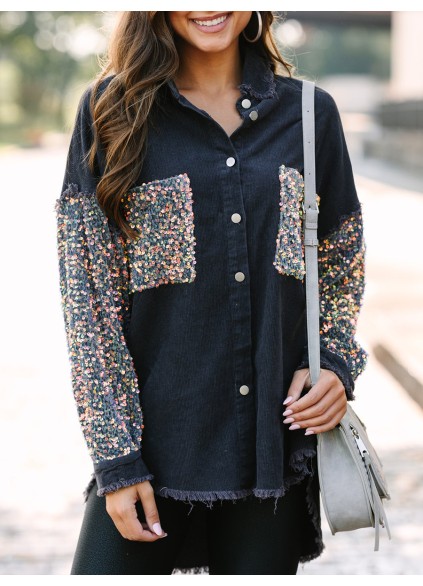 Gray Sequin Sleeve Shacket