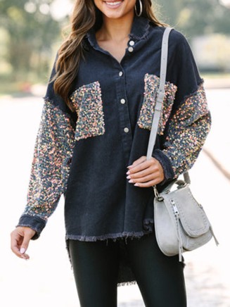 Gray Sequin Sleeve Shacket