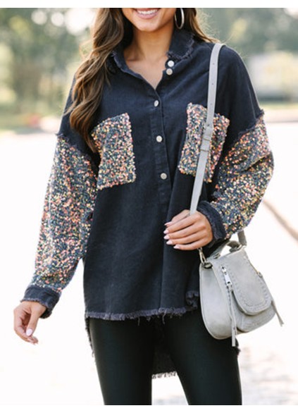 Gray Sequin Sleeve Shacket