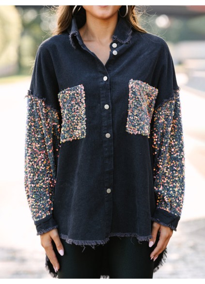 Gray Sequin Sleeve Shacket