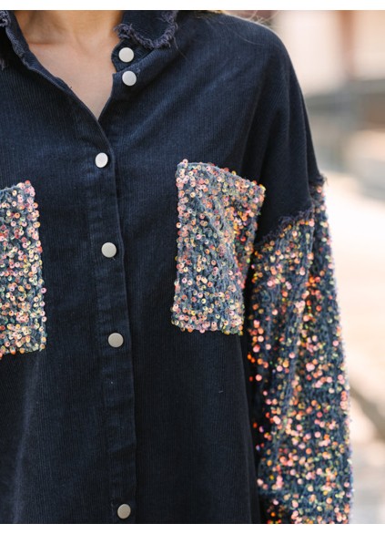 Gray Sequin Sleeve Shacket