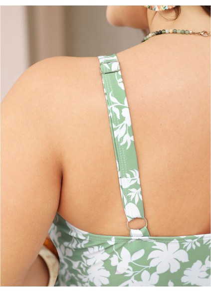 Green floral print high elastic one-piece swimsuit