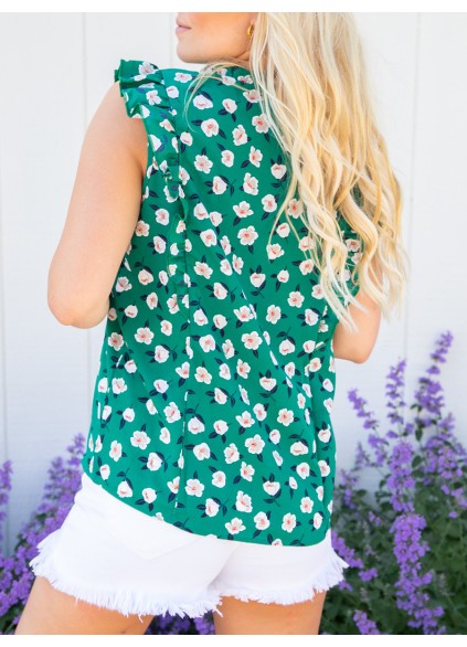 Green floral ruffled short sleeved shirt