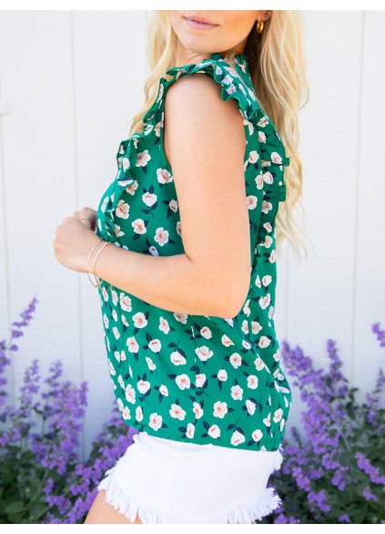 Green floral ruffled short sleeved shirt
