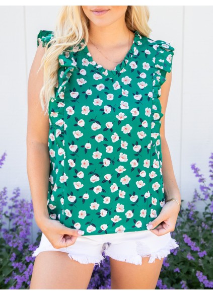 Green floral ruffled short sleeved shirt