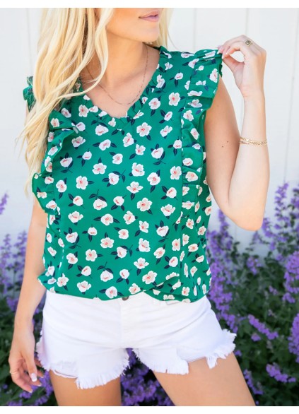 Green floral ruffled short sleeved shirt