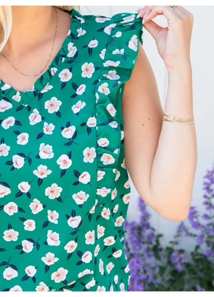 Green floral ruffled short sleeved shirt