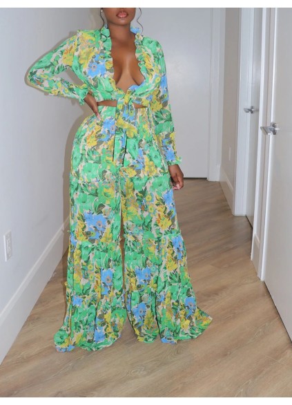Green Flower Pattern Lace Up Top Wide Leg Pants Set
