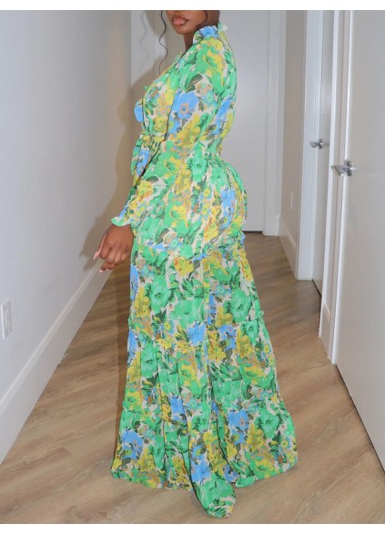 Green Flower Pattern Lace Up Top Wide Leg Pants Set
