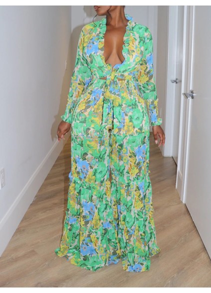 Green Flower Pattern Lace Up Top Wide Leg Pants Set