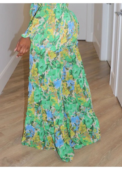 Green Flower Pattern Lace Up Top Wide Leg Pants Set
