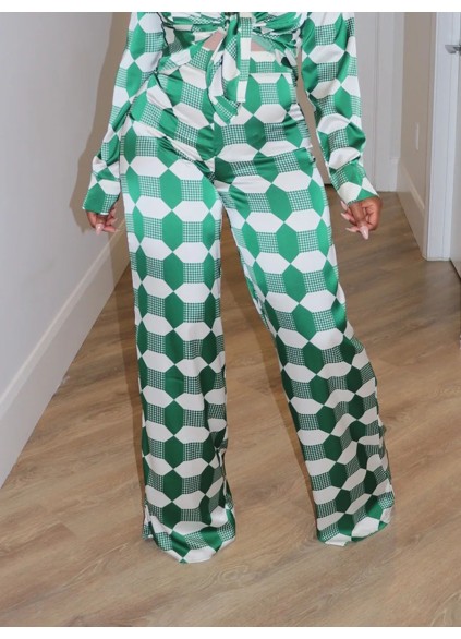 Green geometric pattern satin shirt wide leg pants set
