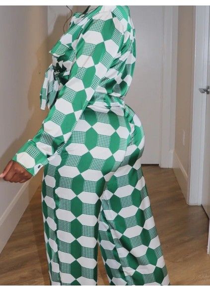 Green geometric pattern satin shirt wide leg pants set