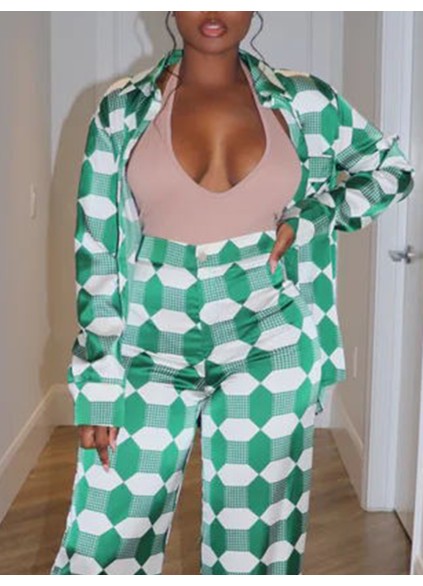 Green geometric pattern satin shirt wide leg pants set