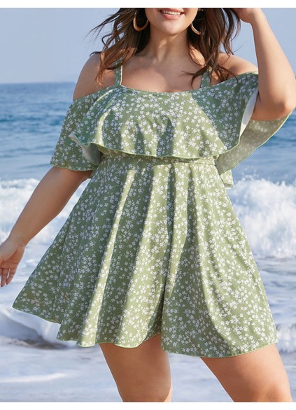 Green ruffled off-the-shoulder one-piece swimsuit