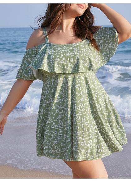 Green ruffled off-the-shoulder one-piece swimsuit