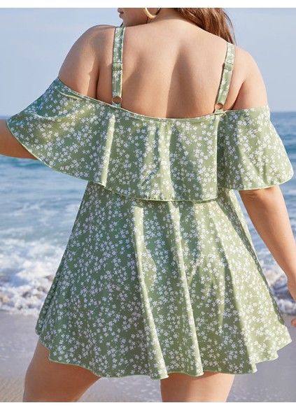 Green ruffled off-the-shoulder one-piece swimsuit