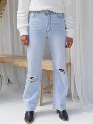 High Waist Wide Leg Open Front Jeans   Vintage Blue Wash