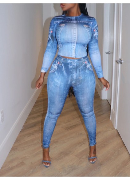 Denim printed top and leggings set