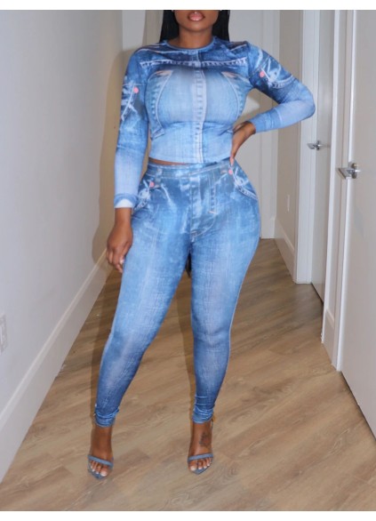 Denim printed top and leggings set