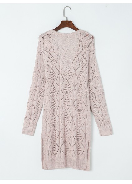Khaki Hollow-out Openwork Knit Cardigan