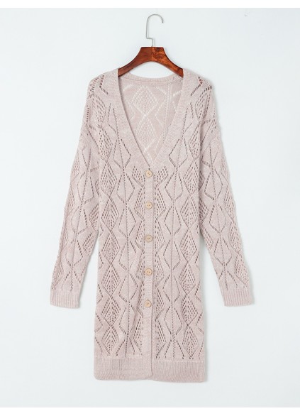 Khaki Hollow-out Openwork Knit Cardigan