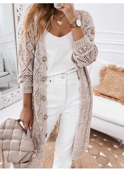 Khaki Hollow-out Openwork Knit Cardigan