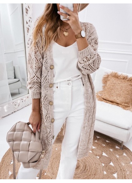 Khaki Hollow-out Openwork Knit Cardigan