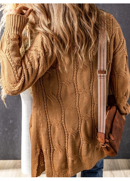 Khaki Ribbed Trim Eyelet Cable Knit Cardigan