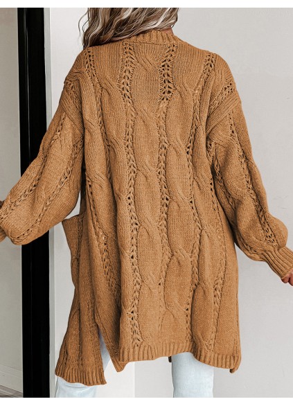 Khaki Ribbed Trim Eyelet Cable Knit Cardigan