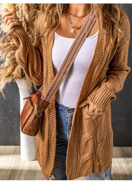 Khaki Ribbed Trim Eyelet Cable Knit Cardigan