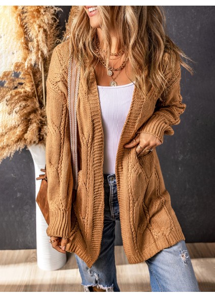 Khaki Ribbed Trim Eyelet Cable Knit Cardigan