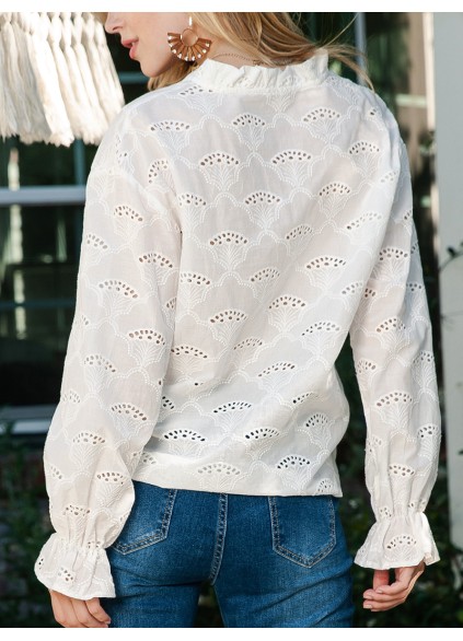 LACE BUTTON V NECK SHEATH CASUAL BLOUSE