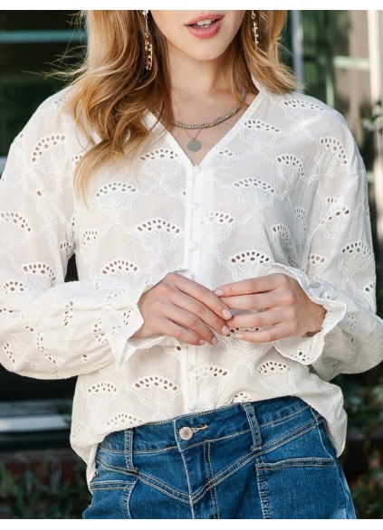 LACE BUTTON V NECK SHEATH CASUAL BLOUSE
