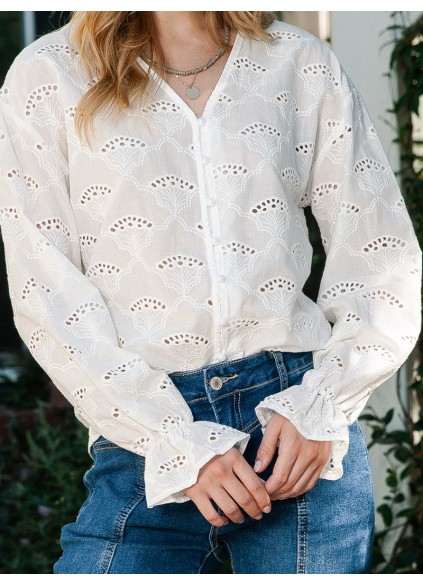 LACE BUTTON V NECK SHEATH CASUAL BLOUSE
