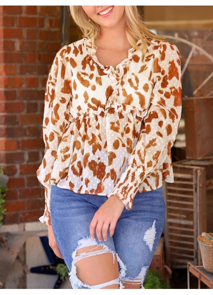 Leopard embellished V-neck ruffled casual shirt