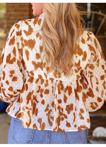 Leopard embellished V-neck ruffled casual shirt