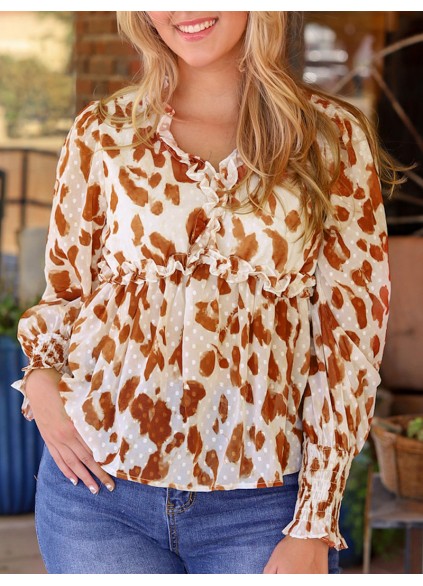 Leopard embellished V-neck ruffled casual shirt