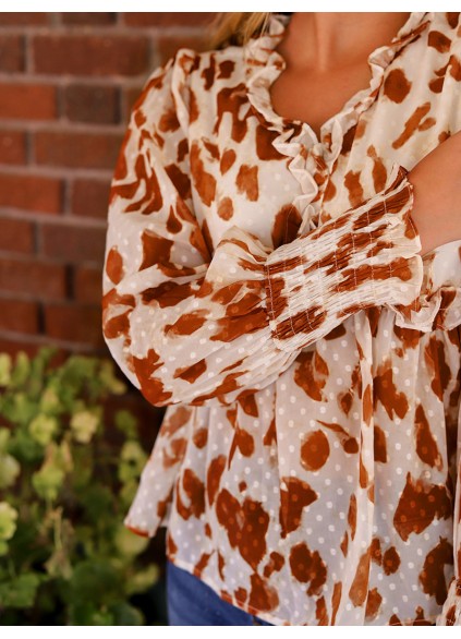 Leopard embellished V-neck ruffled casual shirt
