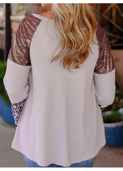 Leopard pattern sequin patchwork flared sleeve V-neck top
