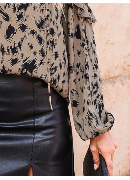 Leopard patterned ruffled off shoulder tie up shirt