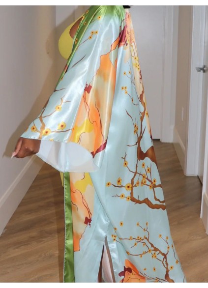 Multi color plant pattern large silhouette long kimono