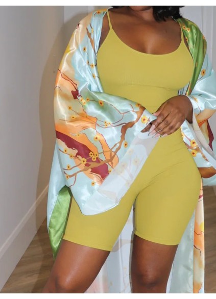 Multi color plant pattern large silhouette long kimono